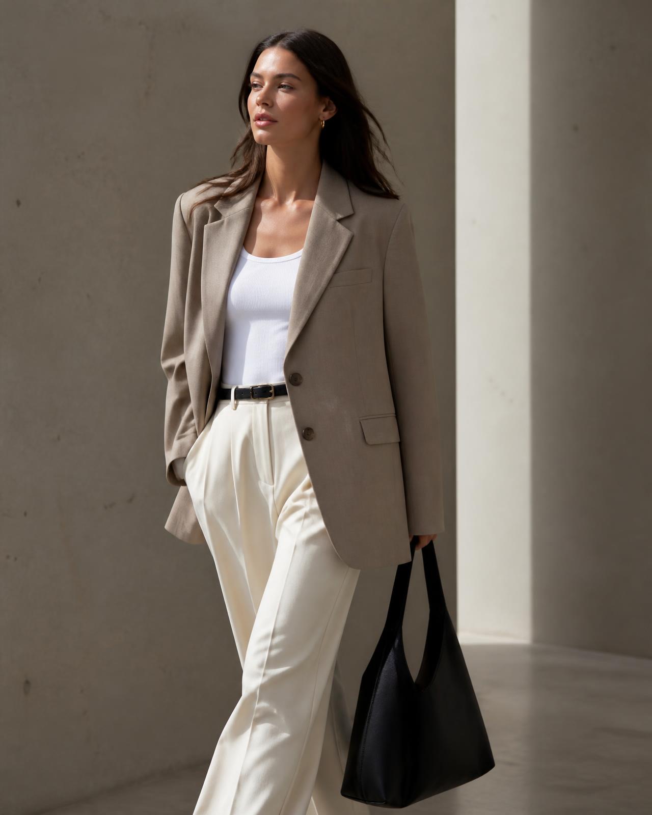 Modelo vestindo blazer alfaiataria em tons neutros